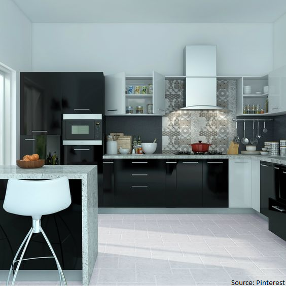 Black and White l-Shaped Modular Kitchen Design