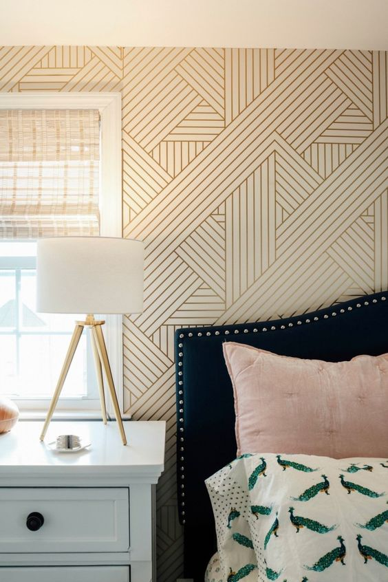 Geometric and golden pattern bedroom wallpaper design