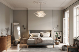 Grey neutral bedroom interior design with classic chandelier