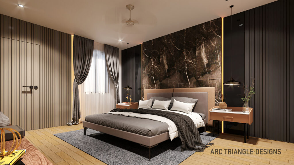 Black and grey luxurious bedroom with marble effects