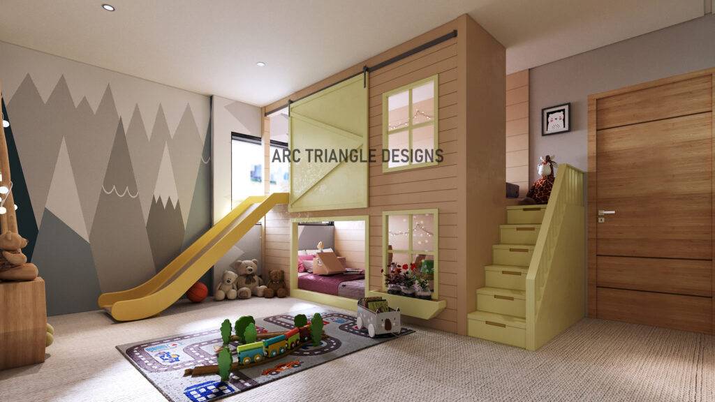 Pastel kid's bedroom with bunk bed design and slide