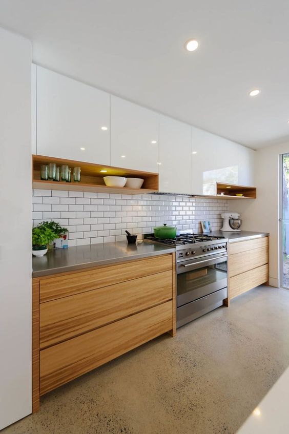 wooden and glossy white kitchen interior design